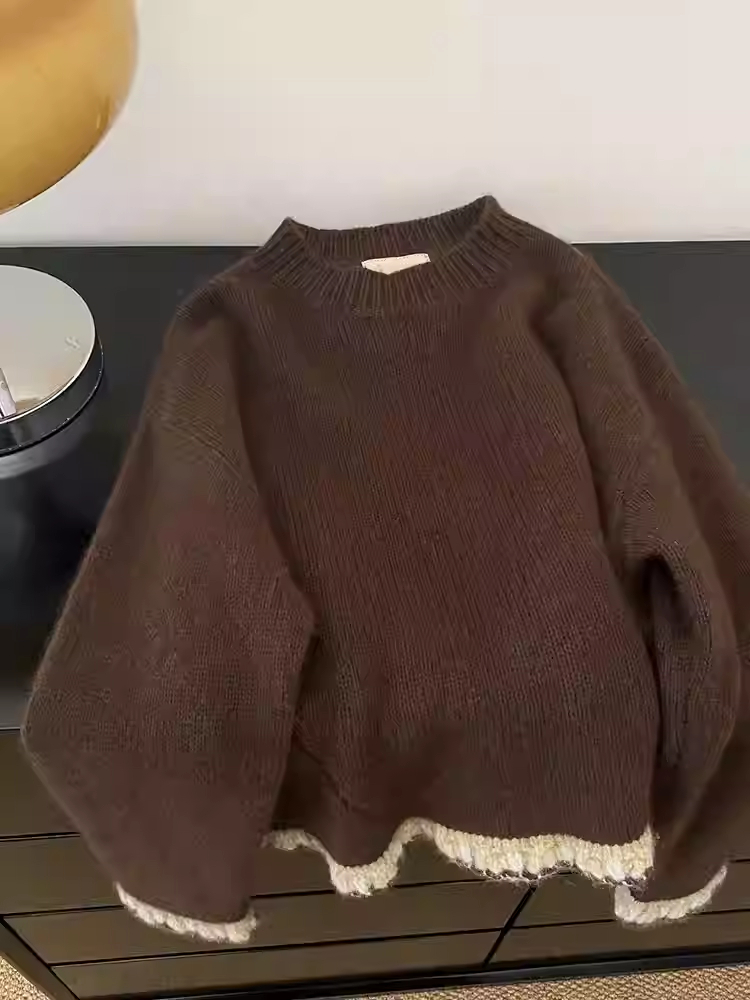 Winter Clothing Factory Outlet - Women's Brown Patchwork Pullover Sweater Harajuku