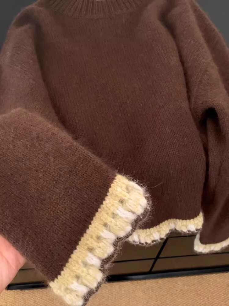 Women's Brown Patchwork Pullov - Winter Clothing Factory Outlet ulasan dan harga